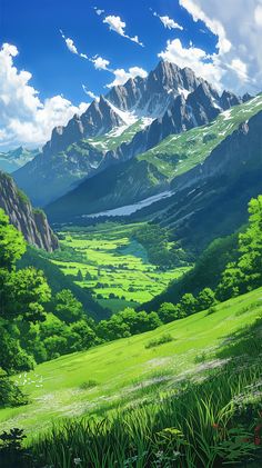 an anime landscape with mountains and green grass