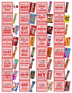 the candy bar game is shown with words and pictures in red, white and black