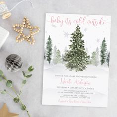 baby it's cold outside party with pine trees and snowflakes