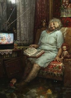 an old woman sitting in a chair with a book and stuffed animals on the floor