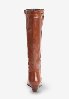 A classic pair of wide-calf boots is crafted in sleek leather-like upper and featuring an expandable shaft with a chic snap closure.  Leather-like Fast Shop, London Gifts, Gift Card Number, Wide Calf Boots, Woman Within, Swimsuits For All, Wide Calf, Wide Boots, Calf Boots