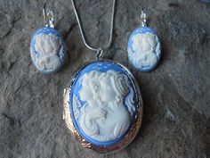 Cameo Locket and French Lever Back Earrings Set-- Sisters - Mother Daughter - Blue - Generations - F Blue Cameo Jewelry For Wedding, Blue Jewelry With Matching Earrings For Mother's Day, Cameo Locket, Harley Davidson Jewelry, 17 Feb, Seahorse Pendant, Cameo Jewelry, Cameo Pendant, Pure Beauty