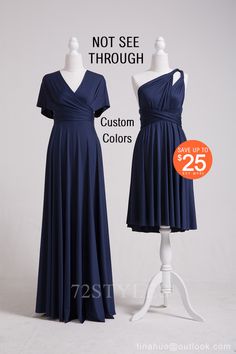 two dresses on mannequins, one in blue and the other in black