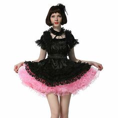 Top Rated Sissy Girl Maid Square Cut Neckline Satin Black Pink Puffy Dress Custom size, Women's Clothing Pink Puffy Dress, Cute Goth Outfits, Frilly Dress, Puffy Dresses, Cute Goth, Frilly Dresses, White Woman, Neon Aesthetic, Girly Dresses