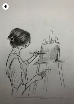 a drawing of a woman sitting in front of a easel