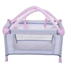 a baby crib with pink handles on the top and bottom part, in front of a white background