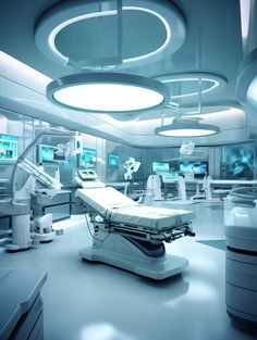 an empty hospital room with medical equipment and monitors on the wall, all lit up