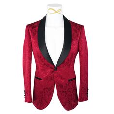 Burgundy Designer Fiore Fabric Woven In France Black Satin Shawl Lapels Single Button Closure Soft, natural shoulder construction Chest Barchetta Pocket Dual Vents Black Satin covered buttons Functional Buttons Handmade in any size! Includes a Sebastian Cruz Couture Pocket Square of your choice! All of our jackets are made with 4" extra of fabric to ensure you don't have to send it back to us if it's too small or too big. You can tailor your jacket 2 sizes bigger and/or smaller if needed. We gua Evening Tailored Blazer With Covered Buttons, Fitted Party Tuxedo With Buttons, Fitted Party Tuxedo, Fitted Notch Lapel Blazer With Covered Buttons, Fitted Semi-formal Suit With Covered Buttons, Fitted Suits With Covered Buttons For Semi-formal, Designer Blazer With Covered Buttons For Formal Events, Designer Fitted Suit With Shawl Collar, Luxury Formal Blazer With Covered Buttons