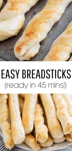 breadsticks on a plate with text overlay reading easy breadsticks ready in 45 minutes