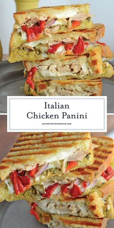 chicken panini cut in half and stacked on top of each other with text overlay that reads italian chicken panini