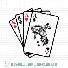 four playing cards with an image of a horse and rider on it, in front of a