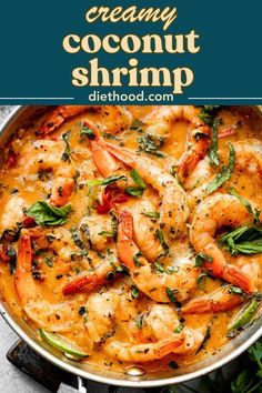 creamy coconut shrimp in a skillet with herbs on the side and text overlay that reads, creamy coconut shrimp