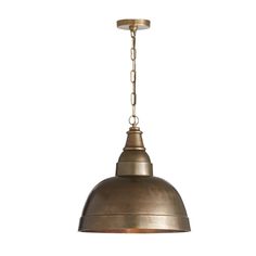 an antique brass pendant light hanging from the ceiling