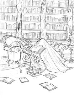 a drawing of a woman reading in a library