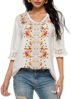 Western Shirt V Neck Boho Embroidered Mexican Shirts Short Sleeve Casual Tops Blouse Casual V-neck Embroidered Top With Multicolor Embroidery, Casual V-neck Blouse With Geometric Embroidery, Multicolor V-neck Top With Floral Embroidery, Casual V-neck Top With Multicolor Embroidery, Cotton V-neck Blouse With Embroidered Hem, Multicolor Floral Embroidered V-neck Top, Casual V-neck Blouse With Embroidered Hem, Casual Blouse With Floral Embroidery And Half Sleeves, Spring Tops With Floral Embroidery And Half Sleeves