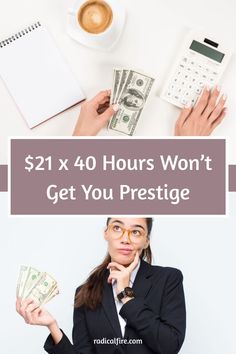 a woman with money and calculator next to her on top of a desk