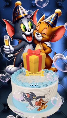 an image of two cats that are hugging on top of a cake with bubbles in the background