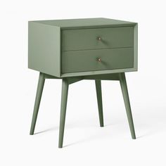 a green bedside table with two drawers on one side and an open drawer on the other