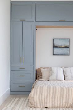 a bedroom with blue cabinets and a bed