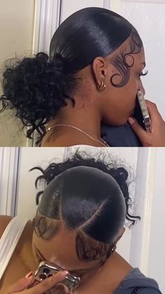 Curly Weave Bun Hairstyles, Slick Low Ponytail Black Women, Low Ponytail Natural Hair Black Women, Hairstyles For Short Hair Silk Press, Two Low Slick Buns, Chiny Bumps Hairstyle, Short Low Ponytail Hairstyles, 3 Part Curly Ponytail, Cute Hairstyles For Medium Hair Slick Back