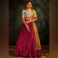 Magenta And White Lehenga With Yellow Dupatta Floral Embroidered And Beaded Blouse With Fun Gold Bead Trim The Skirt Is A Really Lovely Satin With Embroidered Detail And Fluted Bottom Size Roughly 12-14 (Custom Measured Blouse Can Be Altered So Size Very Flexible) Drawstring Skirt Would Easily Fit A Huge Size Range Cups In Blouse Can Easily Be Removed By Any Tailor No Cancan In Skirt Great For Indian Events, Wedding Guest, Sangeet New Lehenga Choli, Sequins Lehenga Choli, Latest Lehenga Designs, Satin Lehenga, Indian Wedding Lehenga, Floral Lehenga, Party Wear Lehenga Choli, Lehenga Online, Color Blouse