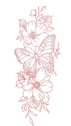 a line drawing of flowers and a butterfly