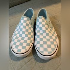 Vans Classic Slip On Skate Shoes Checkerboard Women’s Size 7.5 (102510) I Chose New With Defects As The Listing Option Because I Wore Them Once For Like An Hour. I Should Have Purchased An 8. Blue Vans Sneakers With Synthetic Material, Blue Synthetic Vans Sneakers, Light Blue Low-top Vans Sneakers, Light Blue Lace-up Vans Sneakers, All Black Vans, Vans Sk8 Mid, Grey Vans, Burgundy Shoes, Cat Shoes