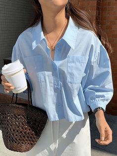 Baby Blue Top Outfit, Blue Blouse Outfit, Blue Top Outfit, Sky Blue Outfit, Baby Blue Shirt, Blue Shirt Women, Fashion Top Outfits, Trendy Dress Outfits, Casual Shirt Women