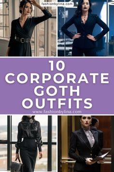 Embrace the dark side of fashion with these corporate goth outfits that exude confidence and authority. Perfect for making a stylish statement at the office. Elegant Rocker Outfit, Corporate Goth Outfits, Goth Outfits Winter, Southern Gothic Fashion, Edgy Office Fashion, Corp Goth, Vampire Wedding