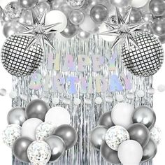 happy birthday balloons and streamers on a white background with silver stars, sequins and disco balls