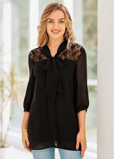 Color:Black;Size:S;Size:M;Size:L;Size:XL;Color Scheme:Black;Decoration:Lace Patchwork;Sleeve's Length:Three Quarters Sleeve;Pattern Type:Solid;Neckline:Tie Neck;Clothing's Length:Regular;Occasion:Staycation;Washing Instructions:Hand Wash;Composition:100% Polyester;Package Contents:1 X Blouse;Clothing Length:72.00;Style:Casual; Neck Piercing, 30th Birthday Ideas For Women, Trendy Tops For Women, Blouse Style, Plain Blouse, Tie Neck Blouse, Lace Patchwork, Sleeve Pattern, Neck Lace