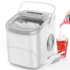 a person is pouring soda into a cooler with ice and straws on the side