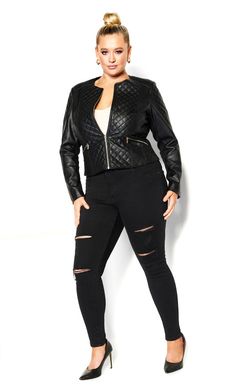 JKT ELIZA Plus Size Jacket, Plus Size Jackets, Knitwear Style, Collarless Jacket, Black Faux Leather Jacket, Plus Size Outerwear, Jackets Online, City Chic, Faux Leather Jackets