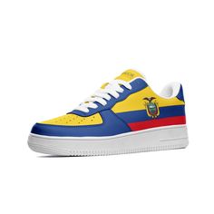 Extremely comfortable custom leather Ecuador sneakers with design on both sides, Ecuador blue and yellow accents, and Ecuador text on the tongues - Perfect shoes to match your jersey on gameday. These are awesome for any Equador soccer fan, or anyone Ecuadorian! .: Made of leather .: Great quality! .: 3-13.5 US sizes .: Non-marking rubber outsole for traction and durability .: Perforated toe box provides breathability. .: Comfort and impact protection. I Can Ship Worldwide! ** Please allow 1-3 w Low-top Sneakers With Laces For Sports Events, Yellow Basketball Shoes For Sports With Round Toe, Yellow Round Toe Basketball Shoes For Sports Events, Yellow Basketball Shoes With Round Toe, Custom Leather Low-top Sneakers For Sports Events, Custom Lace-up Sneakers For Sports With Rubber Sole, Custom Lace-up Sneakers With Rubber Sole For Sports, Blue Low-top Custom Sneakers For Sports Events, Yellow High-top Sneakers For Sports Events