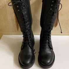 Black Leather Combat Boot With Gold & Silver Hardware. It Shoes, Black Leather Combat Boots, Combat Boot, Shoes Black, Silver Hardware, Mid Length, Combat Boots, Get It, Bootie Boots