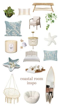 the coastal room inspo is filled with white furniture and accessories, including a wooden bench,