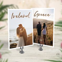 two greeting cards with an image of a couple holding hands and the words ireland, greece on them