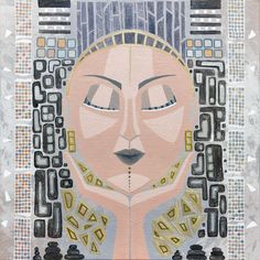 an abstract painting of a woman's face with geometric shapes and lines on it