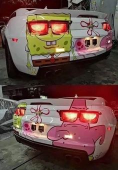 two pictures of the rear end of a car with cartoon characters painted on it, one is