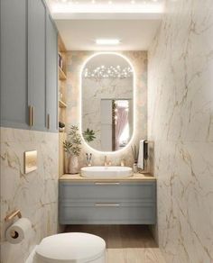 a bathroom with a round mirror above the sink and a white toilet next to it