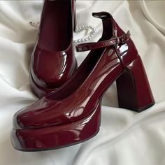 Wine Red Mary Janes, Wine Red Shoes, Cherry Red Shoes, Cherry Red Heels, Red Mary Jane Heels, Red Mary Janes, Red Mary Jane Shoes, Everyday Fashion Outfits