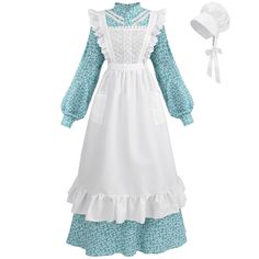 PRICES MAY VARY. Package: Women's pioneer dress including 3 pieces： floral dress *1, ruffle apron *1, white hat *1. There are 4 colours to choose from: Sky Blue, Pink, Sapphire Blue, Seagrass Green Design: The women's colonial dress is designed with a stand-up collar, pearl buttons, white webbing V-trim, elasticized waist, and back zipper. Ruffle apron with pockets for phone and other things, easy to use Material: The women prairie dress is made of fiber, and the white apron is made of polyester Colonial Woman Costume, 1800s Dresses Casual, Pioneer Apron, Gardening Dress, 1800s Dresses, Colonial Costume, Pioneer Costume, Pioneer Dress, Pirate Dress