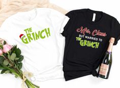 two t - shirts that say the grin and mrs claus but married to the grin