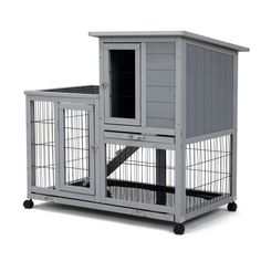 a grey cage with two doors and one door open on the side, sitting in front of a white background