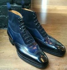 New Handmade Men's Blue Wing Tip Brogue Boots, Men Leather Suede Designer Boots sold by The Leather Souq on Storenvy Boots For Men Fashion, Men Fashion Dress, Fancy Boots, Brogue Boots, Custom Design Shoes, Mens Leather Boots, Leather Boot Shoes, Suede Leather Boots, Dress Boots