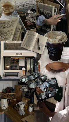 a collage of photos with coffee, books and eyeglasses on it's surface