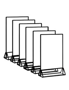 four black metal stands with white paper on each side and one standing in the middle