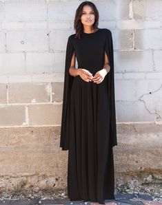 King Maeve Capelet Dress Sleek Black Maxi Dress, Black Dress Runway, Open Sleeve Dress, Long Sleeve Flowy Dress, Black Plain Dress, Cape Sleeve Dress, Capelet Dress, Sheath Wedding Gown, Dramatic Sleeves