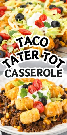 Taco tater tot casserole on a white plate. Taco Tots Pioneer Woman, Tater Tot Tacos, Tater Tot Casserole Taco, Mexican Tator Casserole, Taco Tater Tot Casserole Recipes, Ground Beef And Tater Tot Recipes, Tatter Tots Casserole, Tater Tot Taco Bake, Tater Tot Casserole With Ground Beef