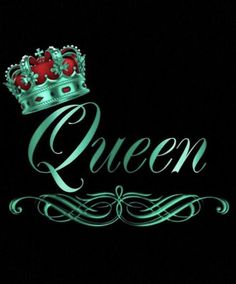 the word queen with a crown on top in green and red lettering, against a black background